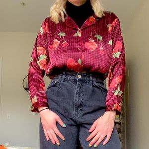 Silky Long Sleeve Button Up Collared Shirt. Red floral houndstooth pattern.